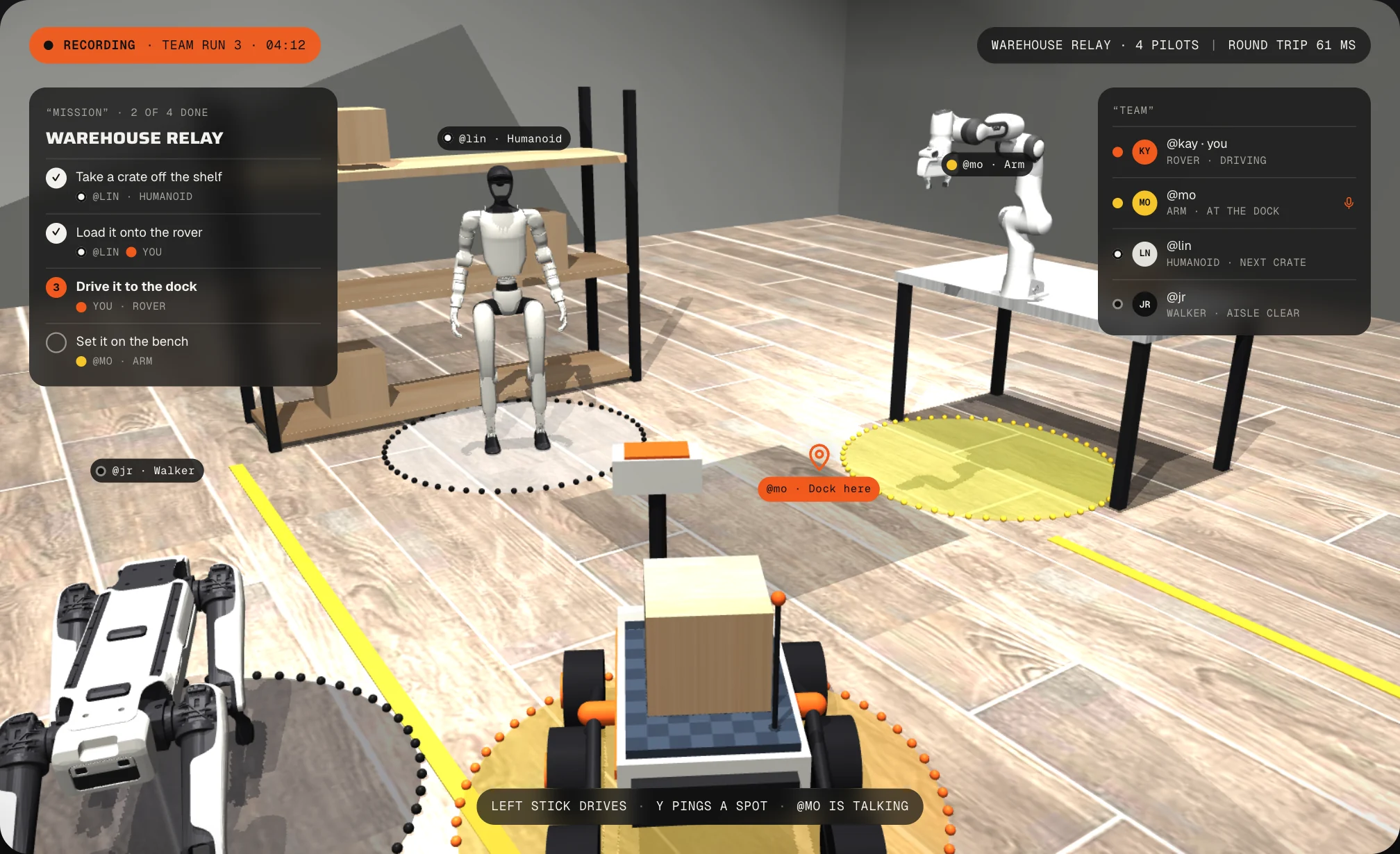 A co-op mission from the rover driver's seat: the team's steps on the left, teammates' names over a humanoid, a robot arm and a walker, and a ping marking the dock.