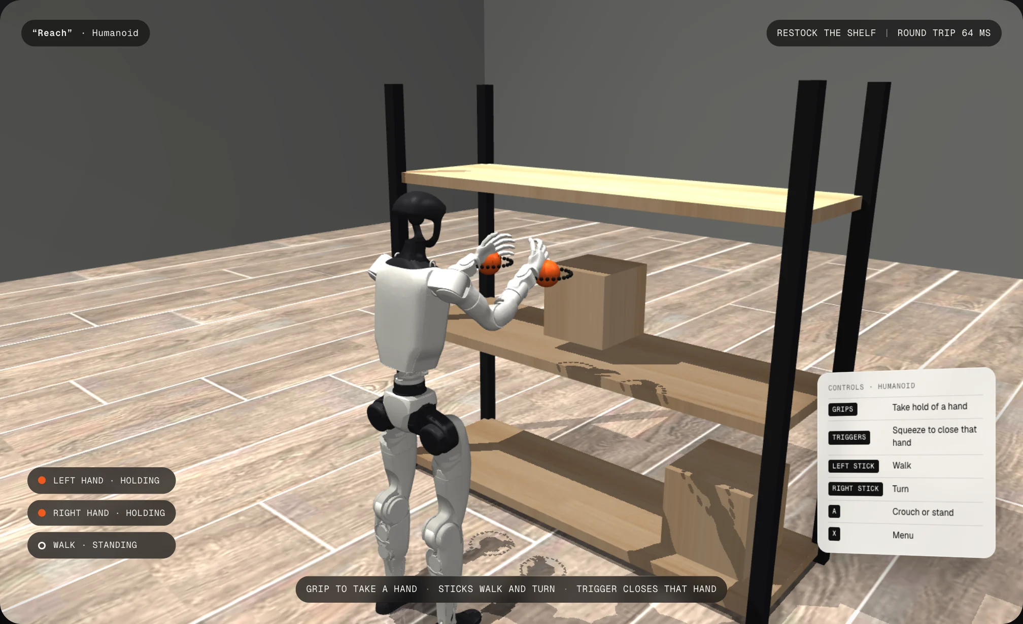 A pilot's view of a humanoid robot reaching for a crate on a shelf, with orange targets at its hands and the controls panel beside it.