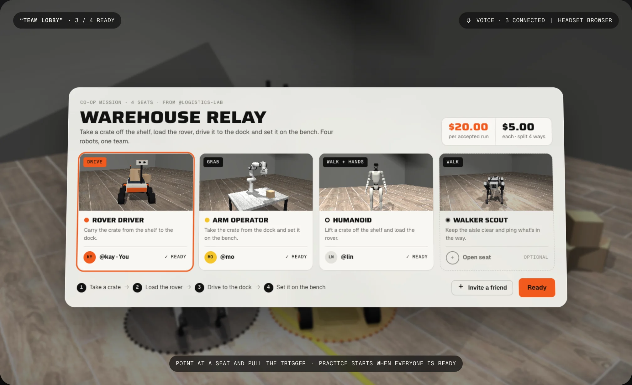 A team lobby in the headset: four seats for a rover driver, an arm operator, a humanoid and a walker scout, with each pilot's ready status and the reward split.